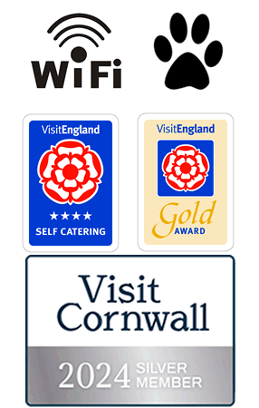 Visit Britain 4 star Self Catering and Gold Award, Visit Cornwall Member, Free Wifi