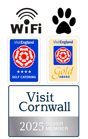 Visit Britain 4 star Self Catering and Gold Award, Visit Cornwall Member, Free Wifi